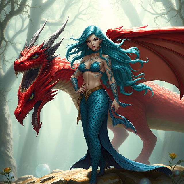 A powerful female merfolk wizard, portrayed as a badass character, standing confidently on land, with intricate magical tattoos adorning her arms and glowing runes around her