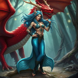 A powerful female merfolk wizard, portrayed as a badass character, standing confidently on land, with intricate magical tattoos adorning her arms and glowing runes around her