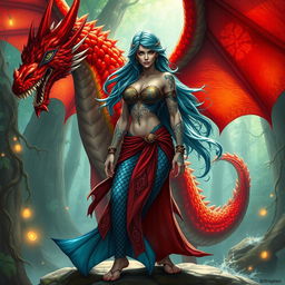 A powerful female merfolk wizard, portrayed as a badass character, standing confidently on land, with intricate magical tattoos adorning her arms and glowing runes around her