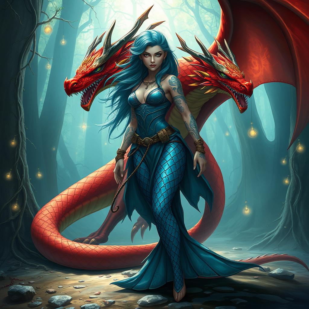 A powerful female merfolk wizard, portrayed as a badass character, standing confidently on land, with intricate magical tattoos adorning her arms and glowing runes around her