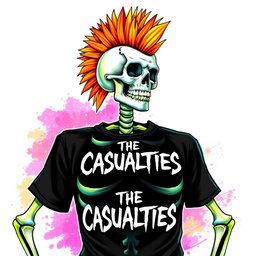 A vibrant and colorful drawing of a mohawked skeleton wearing a black t-shirt that has the logo 'THE CASUALTIES' prominently displayed on it