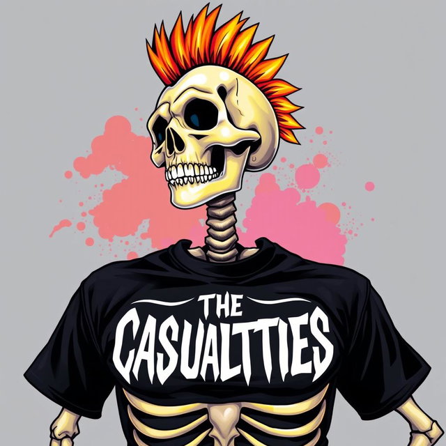 A vibrant and colorful drawing of a mohawked skeleton wearing a black t-shirt that has the logo 'THE CASUALTIES' prominently displayed on it