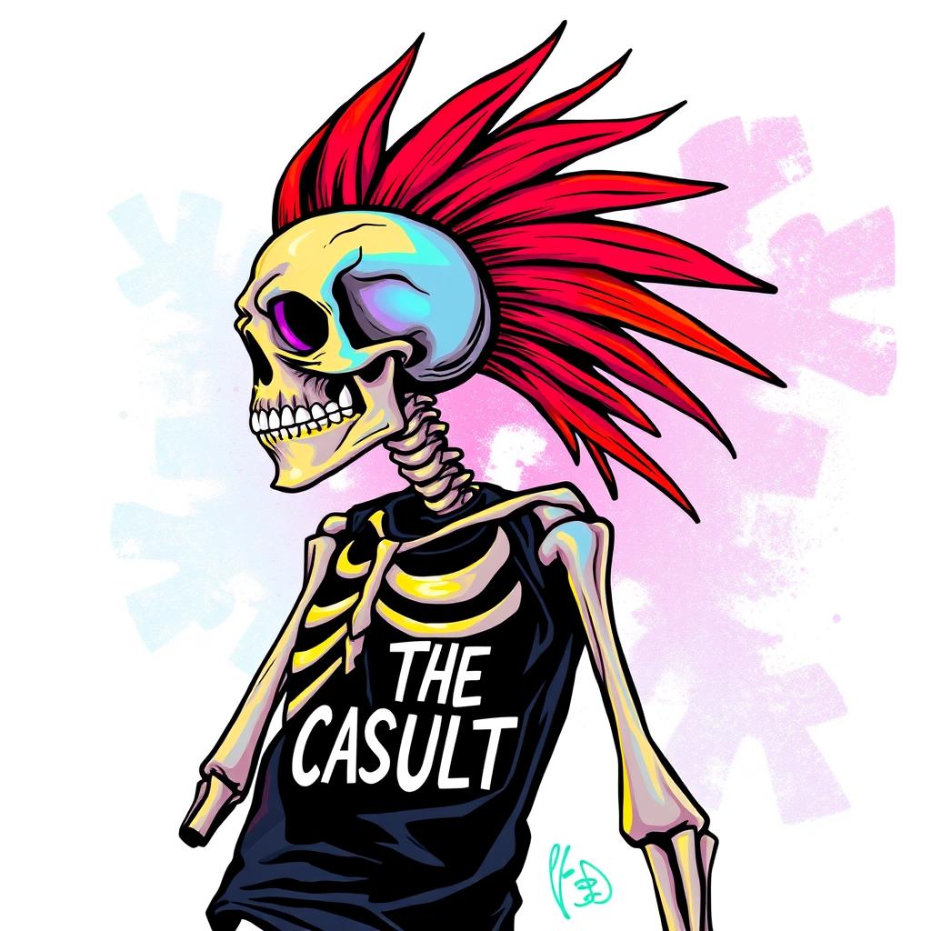 A vibrant and colorful drawing of a mohawked skeleton wearing a black t-shirt that has the logo 'THE CASUALTIES' prominently displayed on it