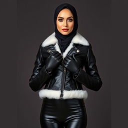 A beautiful hijab-wearing woman dressed in a very tight glossy black leather jacket with a white fur collar, complemented by leather gloves and leggings