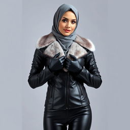 A beautiful hijab-wearing woman dressed in a very tight glossy black leather jacket with a white fur collar, complemented by leather gloves and leggings