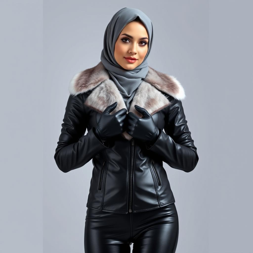 A beautiful hijab-wearing woman dressed in a very tight glossy black leather jacket with a white fur collar, complemented by leather gloves and leggings