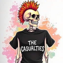 A vibrant and colorful drawing of a mohawked skeleton wearing a black t-shirt that has the logo 'THE CASUALTIES' prominently displayed on it
