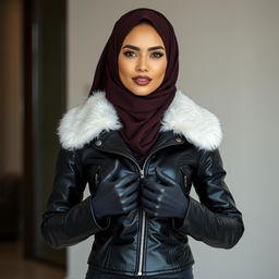 A beautiful hijab-wearing woman dressed in a very tight glossy black leather jacket with a white fur collar, complemented by leather gloves and leggings