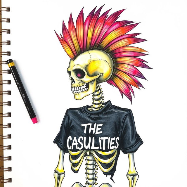 A vibrant drawing sketch of a mohawked skeleton featuring a striking, colorful mohawk