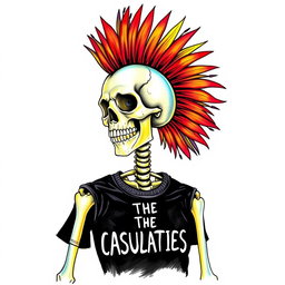 A vibrant drawing sketch of a mohawked skeleton featuring a striking, colorful mohawk
