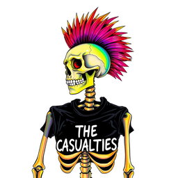 A vibrant drawing sketch of a mohawked skeleton featuring a striking, colorful mohawk