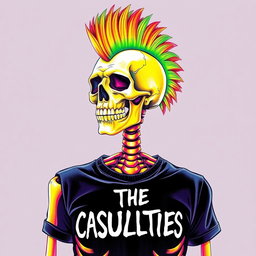 A vibrant drawing sketch of a mohawked skeleton featuring a striking, colorful mohawk