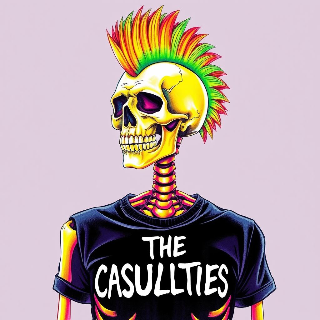A vibrant drawing sketch of a mohawked skeleton featuring a striking, colorful mohawk