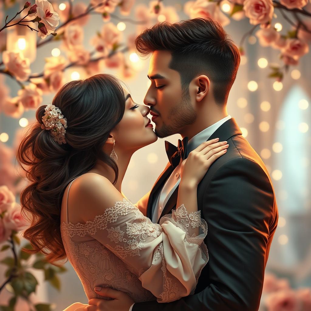 A romantic scene depicting two people intimately kissing, surrounded by a beautiful, softly lit environment