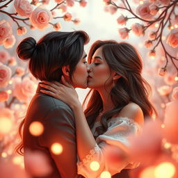 A romantic scene depicting two people intimately kissing, surrounded by a beautiful, softly lit environment