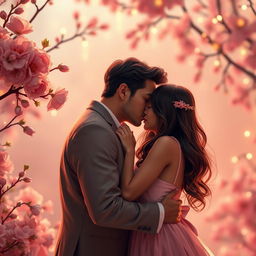 A romantic scene depicting two people intimately kissing, surrounded by a beautiful, softly lit environment
