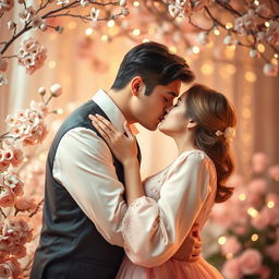 A romantic scene depicting two people intimately kissing, surrounded by a beautiful, softly lit environment