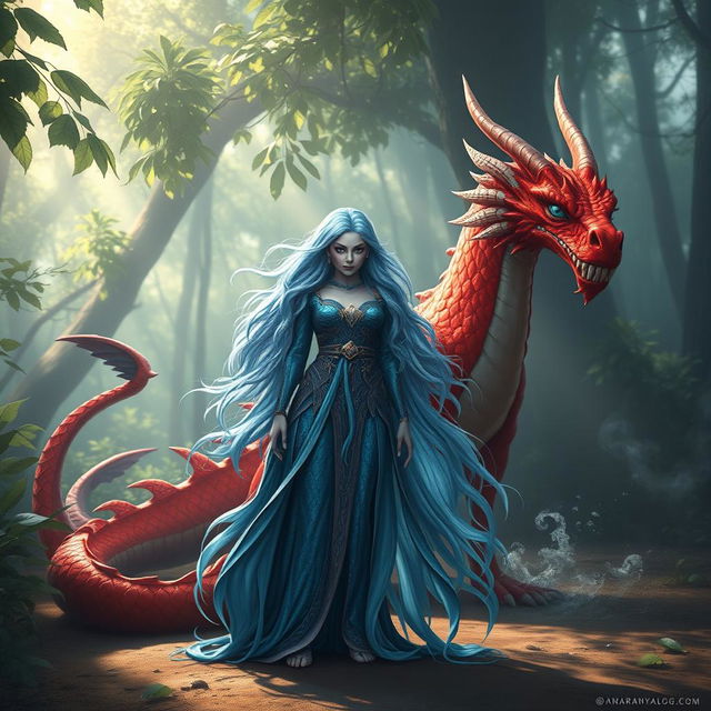 A powerful female wizard, characterized by her vibrant blue scales and long flowing hair adorned with shimmering seashells, stands confidently on dry land
