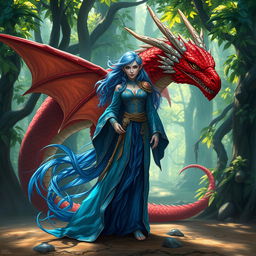 A powerful female wizard, characterized by her vibrant blue scales and long flowing hair adorned with shimmering seashells, stands confidently on dry land