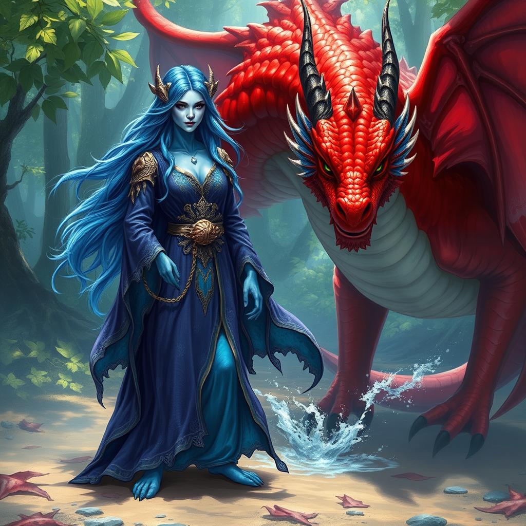 A powerful female wizard, characterized by her vibrant blue scales and long flowing hair adorned with shimmering seashells, stands confidently on dry land