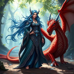 A powerful female wizard, characterized by her vibrant blue scales and long flowing hair adorned with shimmering seashells, stands confidently on dry land