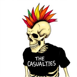 A colorful drawing sketch of a mohawked skeleton, depicted with realistic colors and intricate bone details