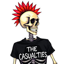 A colorful drawing sketch of a mohawked skeleton, depicted with realistic colors and intricate bone details