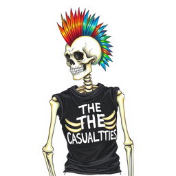 A colorful drawing sketch of a mohawked skeleton, depicted with realistic colors and intricate bone details