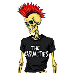 A colorful drawing sketch of a mohawked skeleton, depicted with realistic colors and intricate bone details