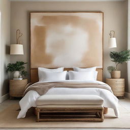 An elegant bedroom with a beautiful Venetian plaster wall, a white linen bed with rattan features, and a prominent large artwork adding a touch of sophistication.