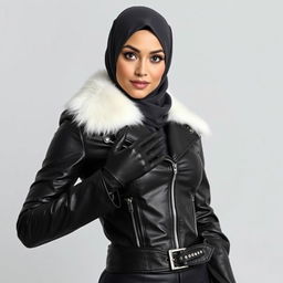 A beautiful woman wearing a hijab and a niqab, dressed in a very tight, shiny black leather jacket fitted to her body
