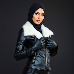 A beautiful woman wearing a hijab and a niqab, dressed in a very tight, shiny black leather jacket fitted to her body
