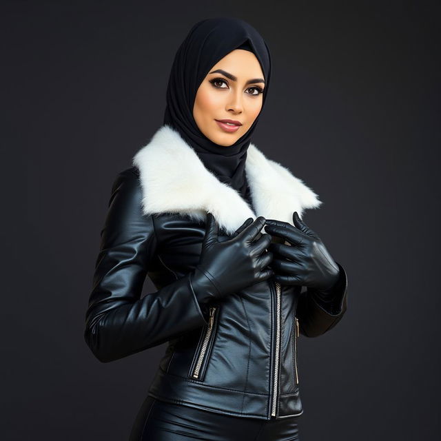 A beautiful woman wearing a hijab and a niqab, dressed in a very tight, shiny black leather jacket fitted to her body