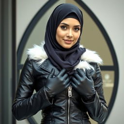 A beautiful woman wearing a hijab and a niqab, dressed in a very tight, shiny black leather jacket fitted to her body