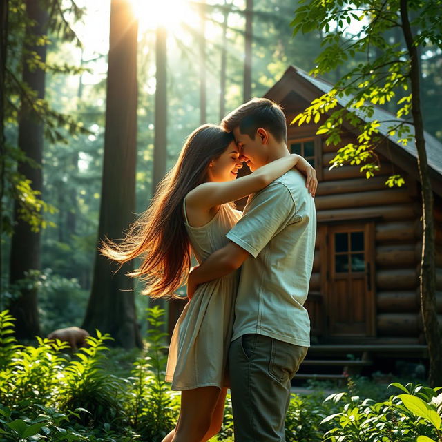 A romantic scene of a girl lovingly embracing a boy in a lush forest setting