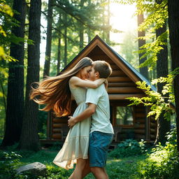 A romantic scene of a girl lovingly embracing a boy in a lush forest setting