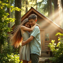 A romantic scene of a girl lovingly embracing a boy in a lush forest setting