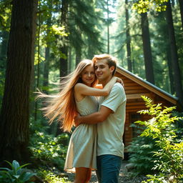 A romantic scene of a girl lovingly embracing a boy in a lush forest setting
