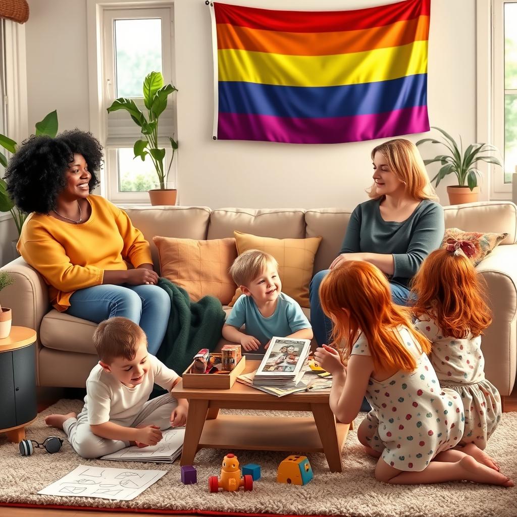 A warm and loving scene depicting a diverse lesbian family in their cozy living room