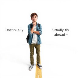 A person standing at a crossroads, looking contemplative and indecisive, symbolizing the dilemma of continuing education domestically versus studying abroad