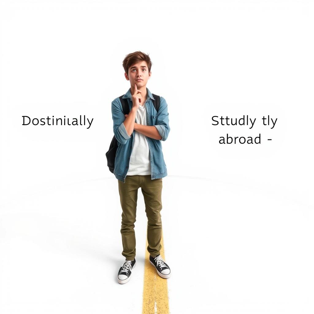 A person standing at a crossroads, looking contemplative and indecisive, symbolizing the dilemma of continuing education domestically versus studying abroad