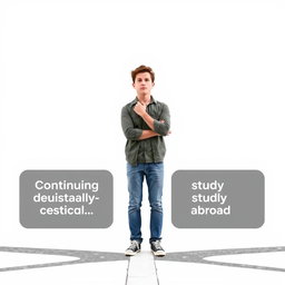 A person standing at a crossroads, looking contemplative and indecisive, symbolizing the dilemma of continuing education domestically versus studying abroad