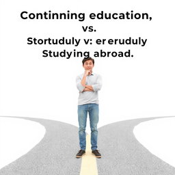 A person standing at a crossroads, looking contemplative and indecisive, symbolizing the dilemma of continuing education domestically versus studying abroad