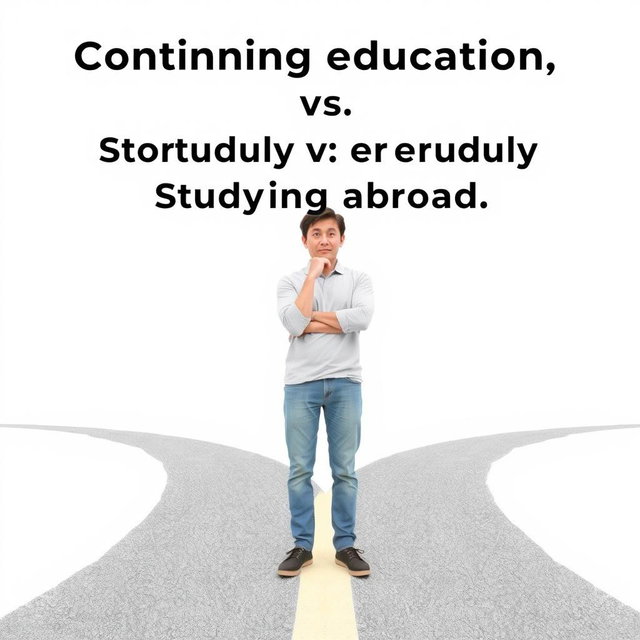 A person standing at a crossroads, looking contemplative and indecisive, symbolizing the dilemma of continuing education domestically versus studying abroad