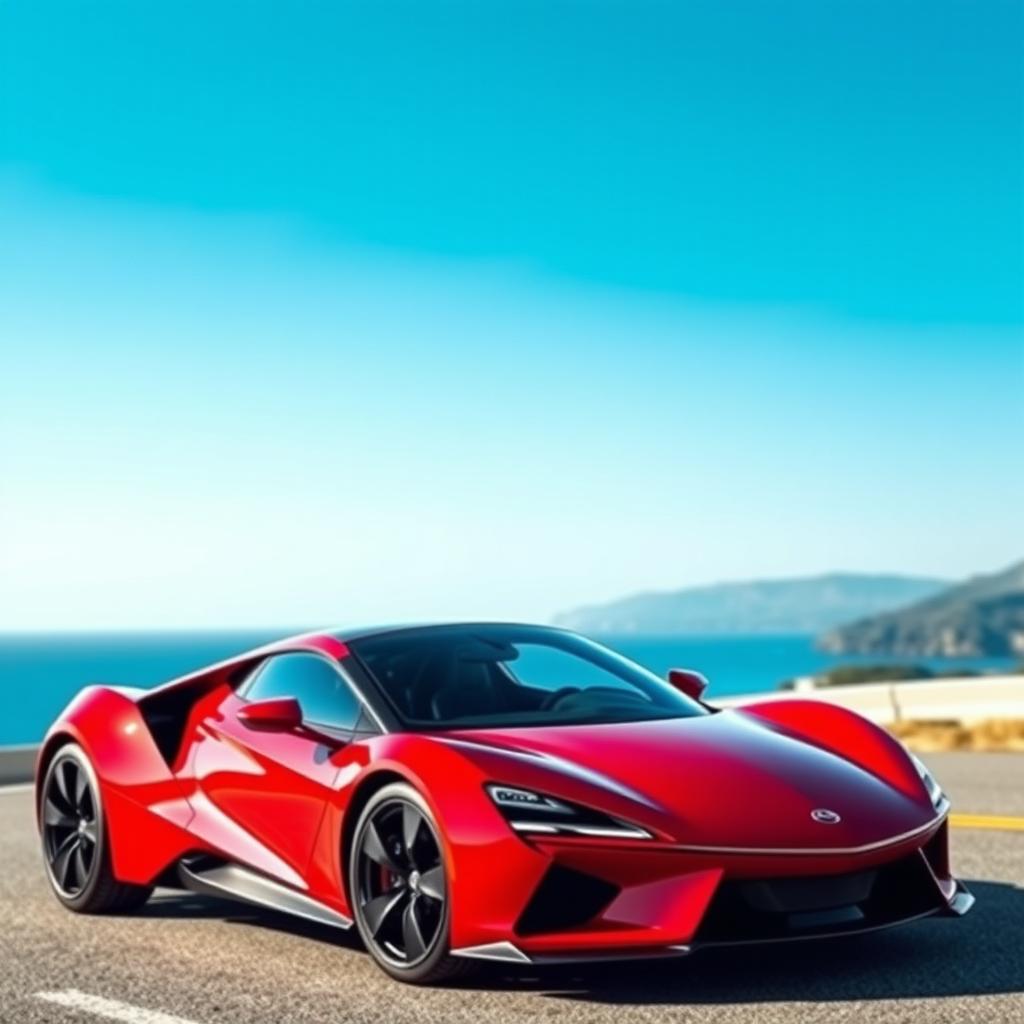 A sleek, modern sports car with an aerodynamic design, vivid red body color, and glossy finish