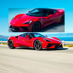 A sleek, modern sports car with an aerodynamic design, vivid red body color, and glossy finish