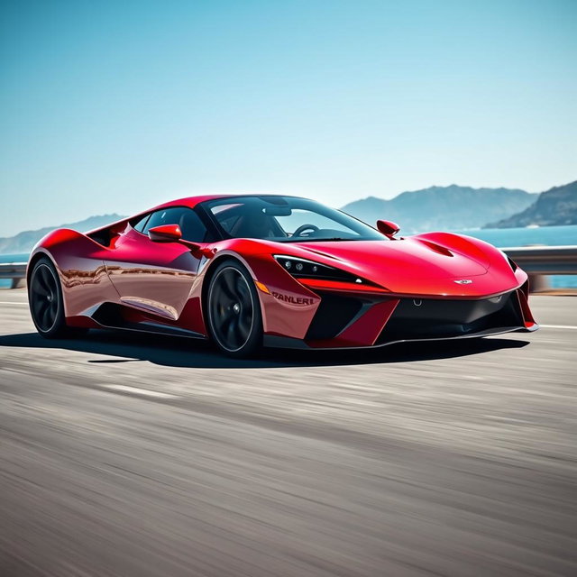 A sleek, modern sports car with an aerodynamic design, vivid red body color, and glossy finish