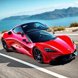 A sleek, modern sports car with an aerodynamic design, vivid red body color, and glossy finish