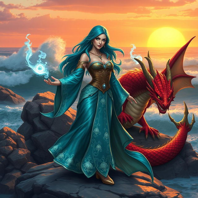 A female merfolk wizard with striking features, wielding powerful magic, stands confidently on a rocky shore