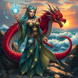 A female merfolk wizard with striking features, wielding powerful magic, stands confidently on a rocky shore